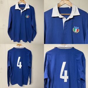 Italy Rugby Shirt #4 Long Sleeve Retro Crest Embroidered Team Logo Blue Men XL